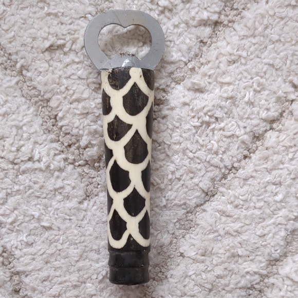 African Wooden Utensil Set w Decorative Handles - Salad Tongs And Bottle Opener - Picture 2 of 5